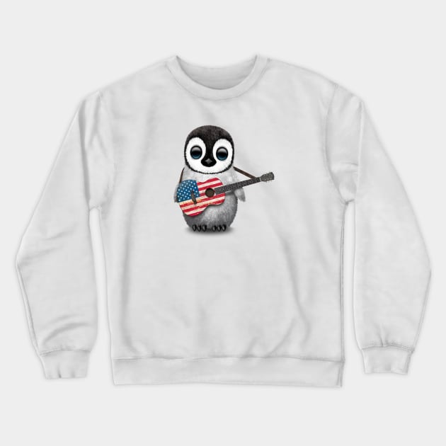 Baby Penguin Playing American Flag Guitar Crewneck Sweatshirt by jeffbartels